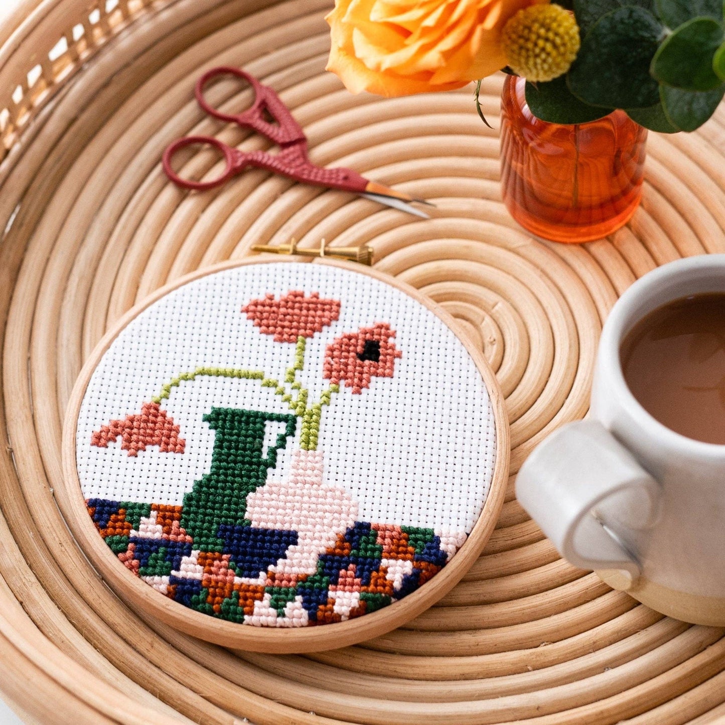 Cross Stitch Kit - Geometric Poppies